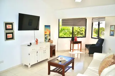 a living room with a white couch and a tv at Cozy apartment - steps from Playa Costambar in San Felipe de Puerto Plata