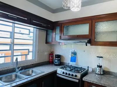 a kitchen with a stove and a sink and a window at impecable 2 Bedroom Apartment Steps from the Pier in San Felipe de Puerto Plata
