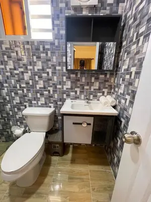a bathroom with a toilet and a sink and a mirror at Luxurious 1BR apartment with ocean and mountain views, central in San Felipe de Puerto Plata