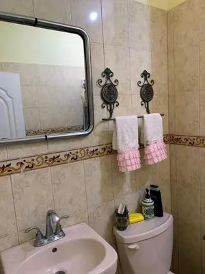 a bathroom with a sink and a mirror and a toilet at Tu Casa En Pedernales in Pedernales