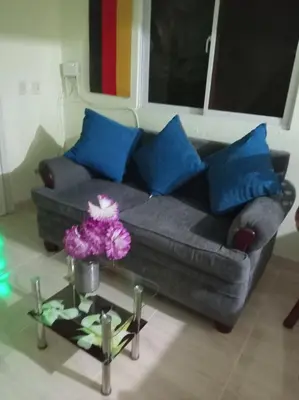 a living room with a gray couch and blue pillows at Dona Beba Guesthouse in La Caleta