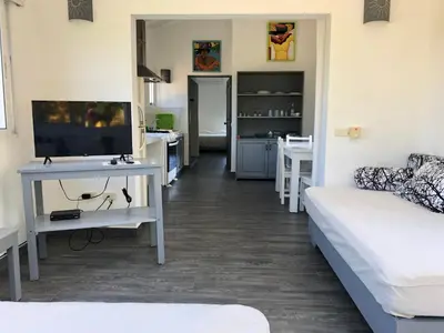 a living room with a couch and a tv and a table at Cosy Apartment 1 bedroom, swimming pool and beach 30m in Las Terrenas