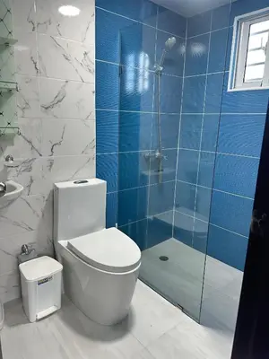 a bathroom with a toilet and a glass shower at Cozy Santo Domingo Apartment in San Isidro in Juan López