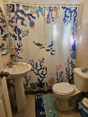 a bathroom with a sink and a toilet and a shower curtain at Garden II in Boca Chica