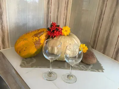 a table with two wine glasses and some pumpkins at Apartamentos-Oliver in Las Galeras