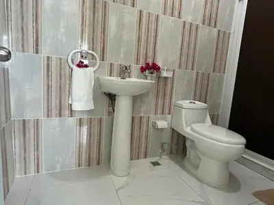 a bathroom with a sink and a toilet at Apartamentos-Oliver in Las Galeras
