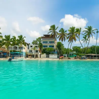 a view of a resort from the water with palm trees at Hotel Don Michele in Boca Chica