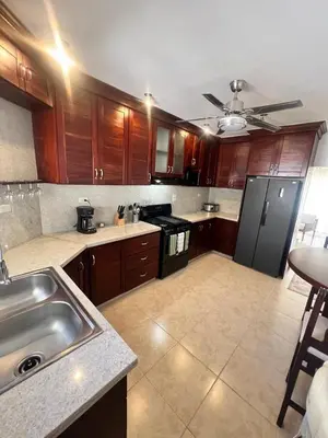 a kitchen with wooden cabinets and a stainless steel refrigerator at Paraiso frente al mar in San Felipe de Puerto Plata