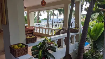 a porch with palm trees and baskets of fruit at Ecolodge Vistamar in Los Patos