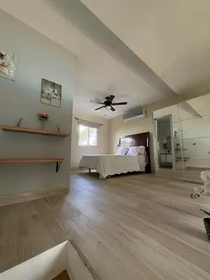 a bedroom with a bed and a ceiling fan at Boca paraiso in Boca Chica