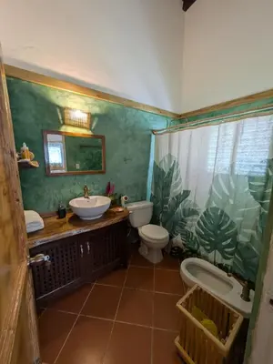 a bathroom with a sink and a toilet at Casa los Mangos Private pool 150 m from the beach in Las Galeras