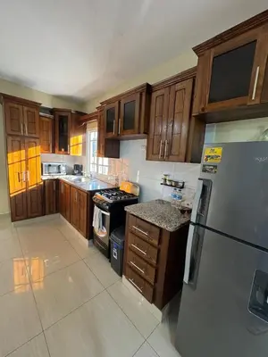 a kitchen with wooden cabinets and a stainless steel refrigerator at Cielo Alto in Jarabacoa