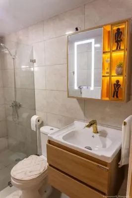 a bathroom with a toilet and a sink and a shower at Apartamento Ensanche Isabelita cercano Avenida España in La Viva