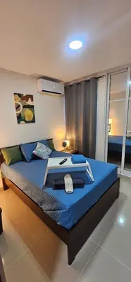a bedroom with a large bed with a blue comforter at Rob's Place in Mendoza