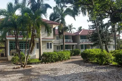a large white house with palm trees in front of it at El Pelicano Apart-Hotel in Las Galeras