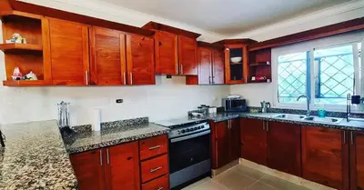 a kitchen with wooden cabinets and a stove top oven at Apartamento en Santo Domingo in Los Mameyes