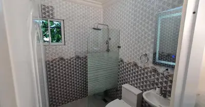 a bathroom with a shower and a toilet and a sink at Apartamento en Santo Domingo in Los Mameyes