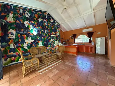 a living room with a large painting on the wall at Casa pintada - 4 people, 4 minutes from the beach in Las Galeras