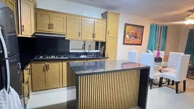 a kitchen with wooden cabinets and a counter top at Rincón Paraíso Cheché in Dajabón