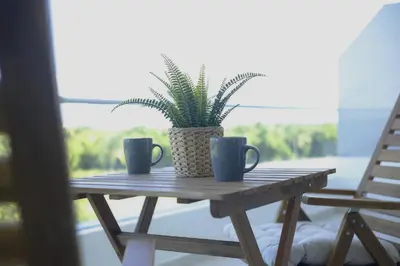 a table with two cups and a potted plant on it at Exclusive 2BR Apartment Punta Cana in Punta Cana