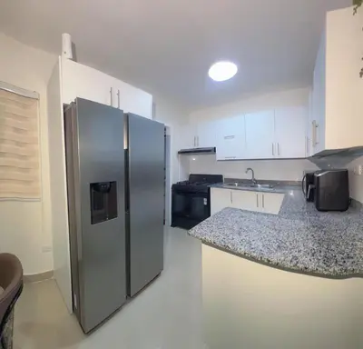 a kitchen with a stainless steel refrigerator and a counter at San Isidro Urban Suite in Juan López