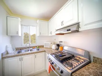 a kitchen with a stove top oven next to a sink at Garden Condos APT 30 Lovely 1BR Condo with Pool in Sosúa