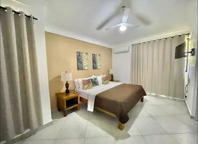 a bedroom with a bed and a ceiling fan at 10 bedroom huge villa close to Sosua downtown in Sosúa