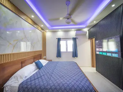a bedroom with a bed with a purple ceiling at Casa de Compai Unit 4 Comfort in Central Sosua in Sosúa