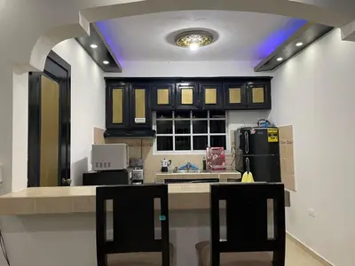 a kitchen with black cabinets and a black refrigerator at Apartamento a 15 minutos de la playa in Imbert