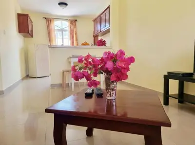 a vase of pink flowers on a wooden table at 2-Bedroom Beach Apartment 50m from the Sea and Pool in San Felipe de Puerto Plata