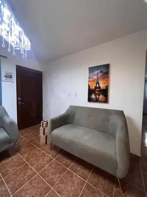 a living room with a couch and a painting on the wall at Beautiful Quiet shared home in Santo Domingo