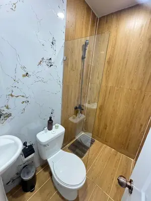 a bathroom with a shower and a toilet and a sink at Hotel Evers in Azua