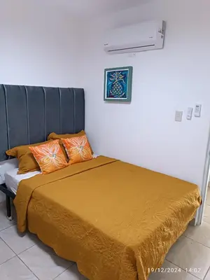a bed with orange pillows in a room at Casa de Huésped Romana in La Romana