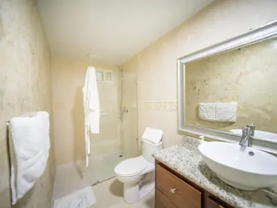 a bathroom with a sink and a toilet and a shower at Room in Sosua With Nice Jacuzzi in Sosúa