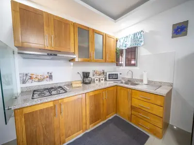 a kitchen with wooden cabinets and a counter top at Cozy & Quiet 1BT Apt Central in Sosua in Sosúa