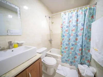 a bathroom with a sink and a toilet and a shower curtain at Affordable 2BR APT in Sosua Center in Sosúa