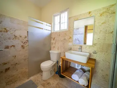 a bathroom with a sink and a toilet and a mirror at Sun and Soul Caribbean 9BR Villa in Sosua in Sosúa