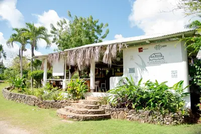 a white building with stairs in front of it at Las Mariposas in Las Galeras