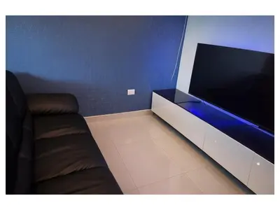a living room with a couch and a large flat screen tv at Apartement cosy et lumineux in Cuevas