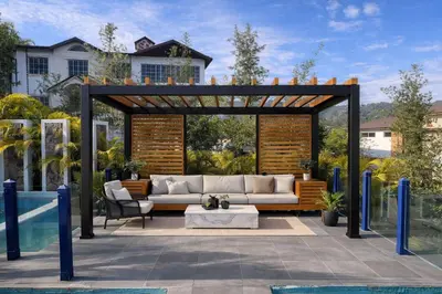 a pergola with a couch and a table next to a pool at cabaña de renta en Jarabacoa in Jarabacoa