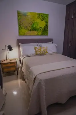 a bedroom with a bed with a painting on the wall at Cozy Loft In The Heart of Santo Domingo Este in Juan López