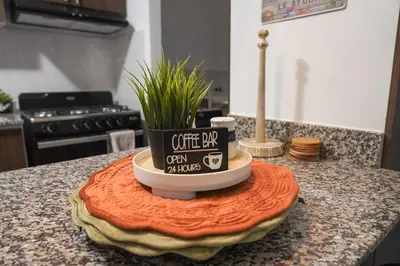 a cup of coffee and a plant on a kitchen counter at Cozy Loft In The Heart of Santo Domingo Este in Juan López