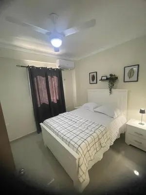 a bedroom with a white bed and a ceiling fan at 2 Bdrm 1 Bath Near River and Beach, 3L, Paraiso, Barahona in Paraíso