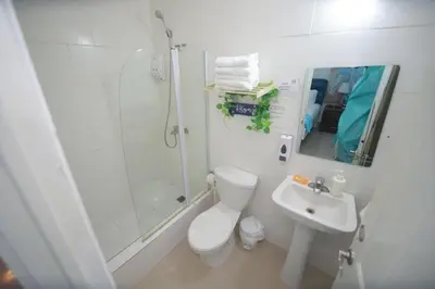 a bathroom with a toilet and a shower and a sink at Arena blanca Franchecis hostal in Juan Dolio