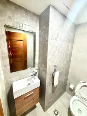 a bathroom with a sink and a mirror and a toilet at 1-Bedroom Apartment Balcony, Gym, Pool & BBQ in Santo Domingo