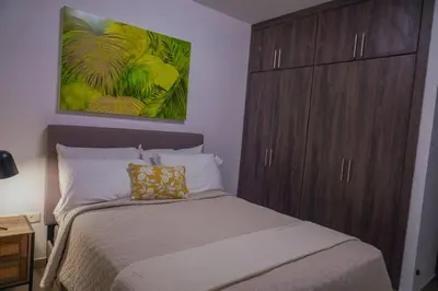 a bedroom with a bed with a wooden cabinet at Best Loft In The Heart of Santo Domingo Este in Juan López
