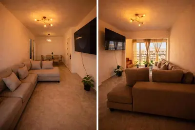 two pictures of a living room with a couch and a living room with at Apartamento cerca del aeropuerto y la playa in San Isidro