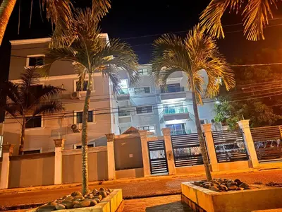 two palm trees in front of a building at night at Enjoy Huge 4 bedrooms and 3 bathrooms in Santiago de los Caballeros