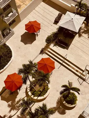 an overhead view of a patio with umbrellas and palm trees at MarMary Ocean view by Marina in Boca Chica