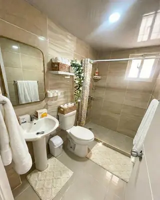 a bathroom with a toilet and a sink and a shower at Beautifull and Luxe Apartment 10 mn to the Int Airport in Los Paredones